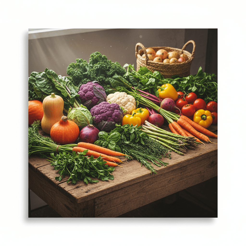 Seasonal produce arranged on a rustic table in natural light