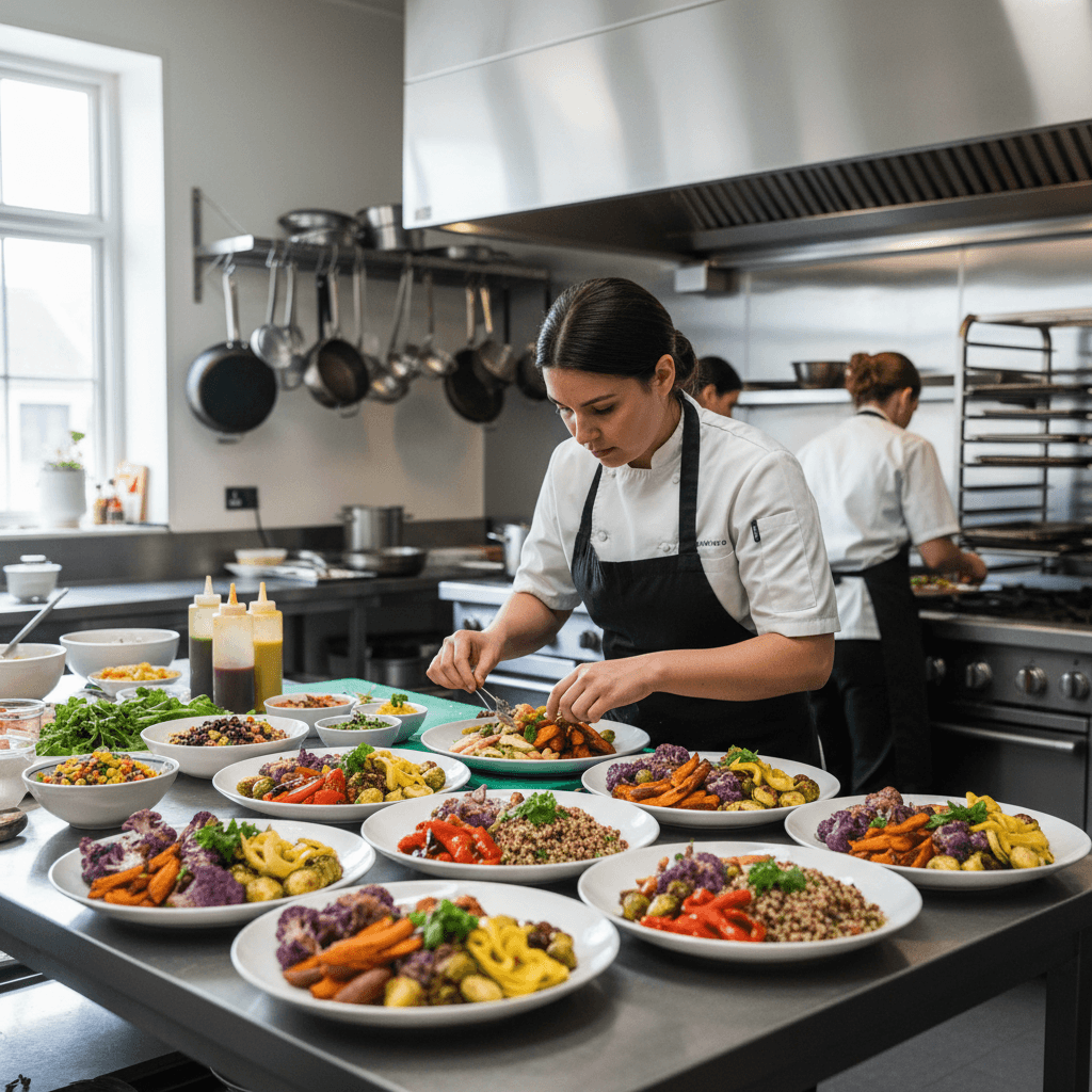 Chef plating a colorful vegan dish in a professional kitchen