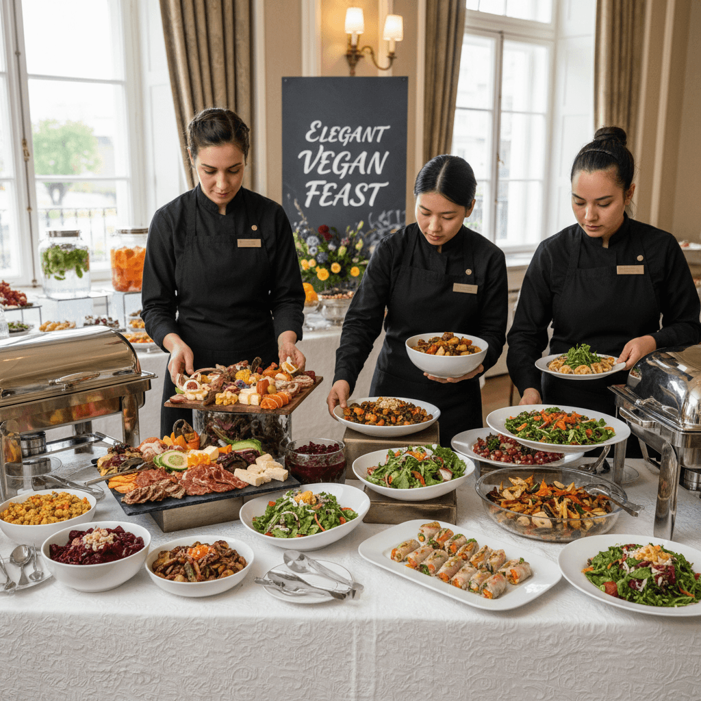 Catering setup with vegan dishes on an elegant buffet table