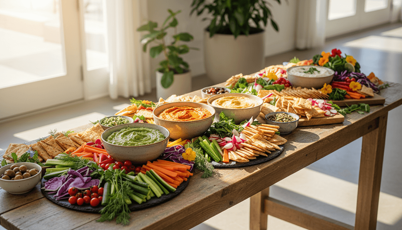 Colorful vegan catering spread with fresh vegetables and dips on a wooden table