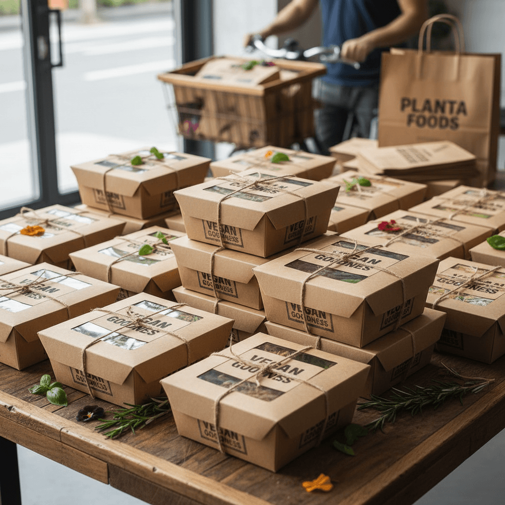 Packed vegan meal boxes in kraft containers ready for delivery