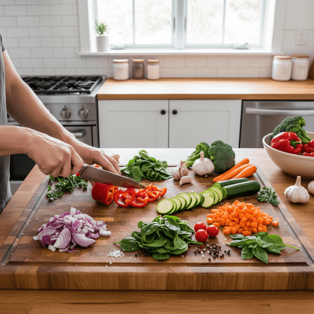 Fresh vegetables being chopped on a wooden cutting board