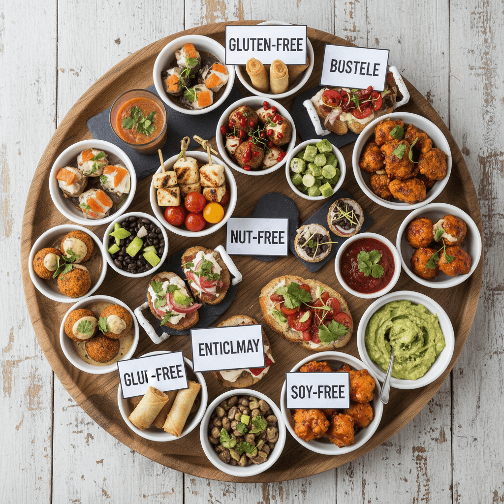 Vegan appetizers arranged on a serving tray with dietary labels