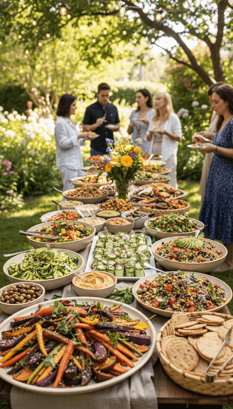 Colorful vegan catering spread with fresh vegetable dishes at a Toronto event