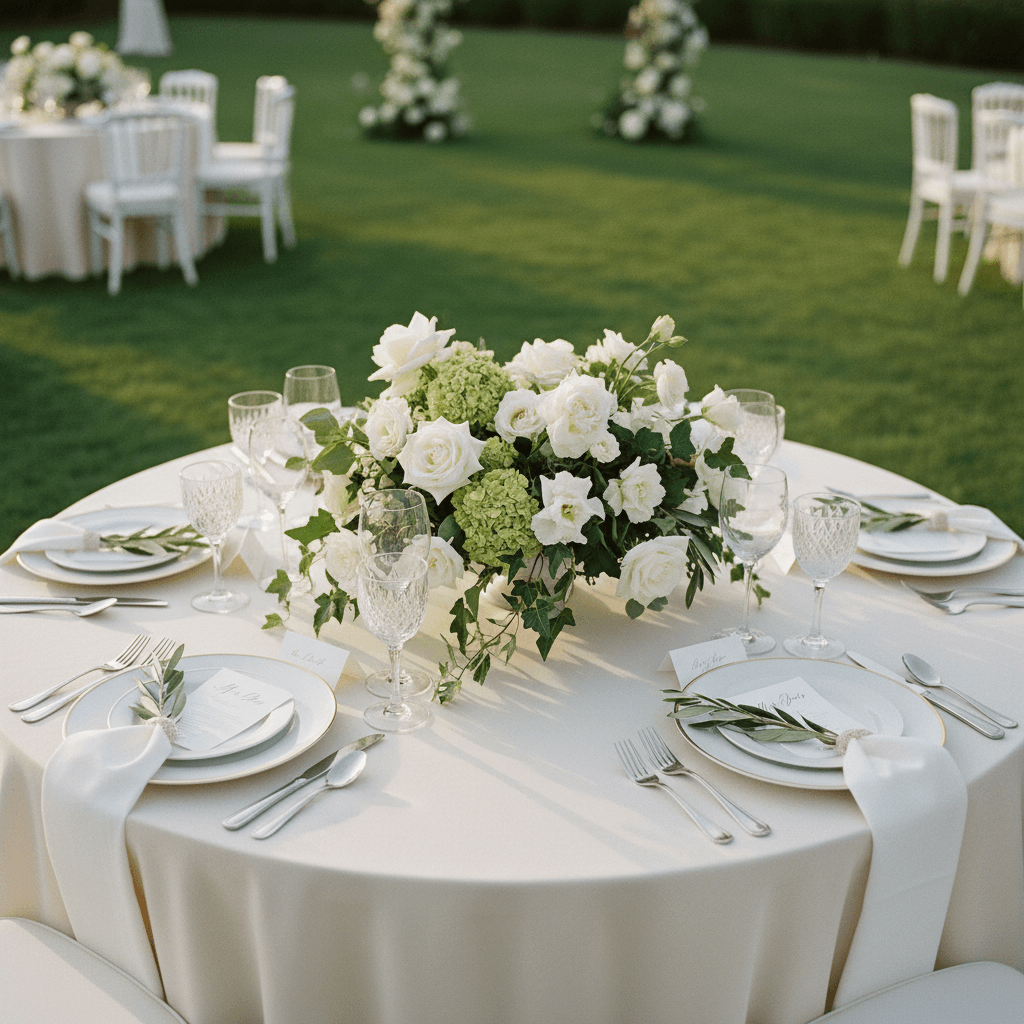 Beautiful vegan catering table with flowers at an outdoor wedding reception