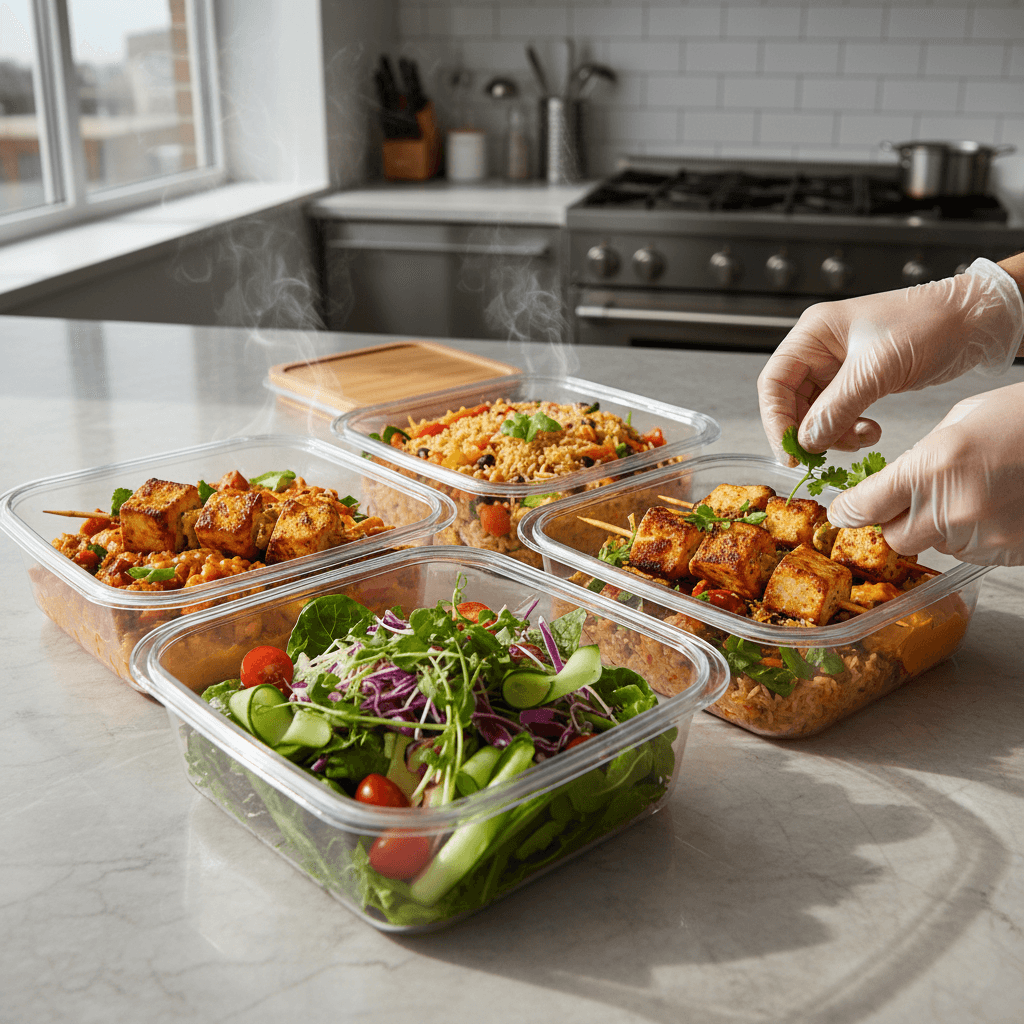 Chef preparing fresh vegan dishes in a professional catering kitchen