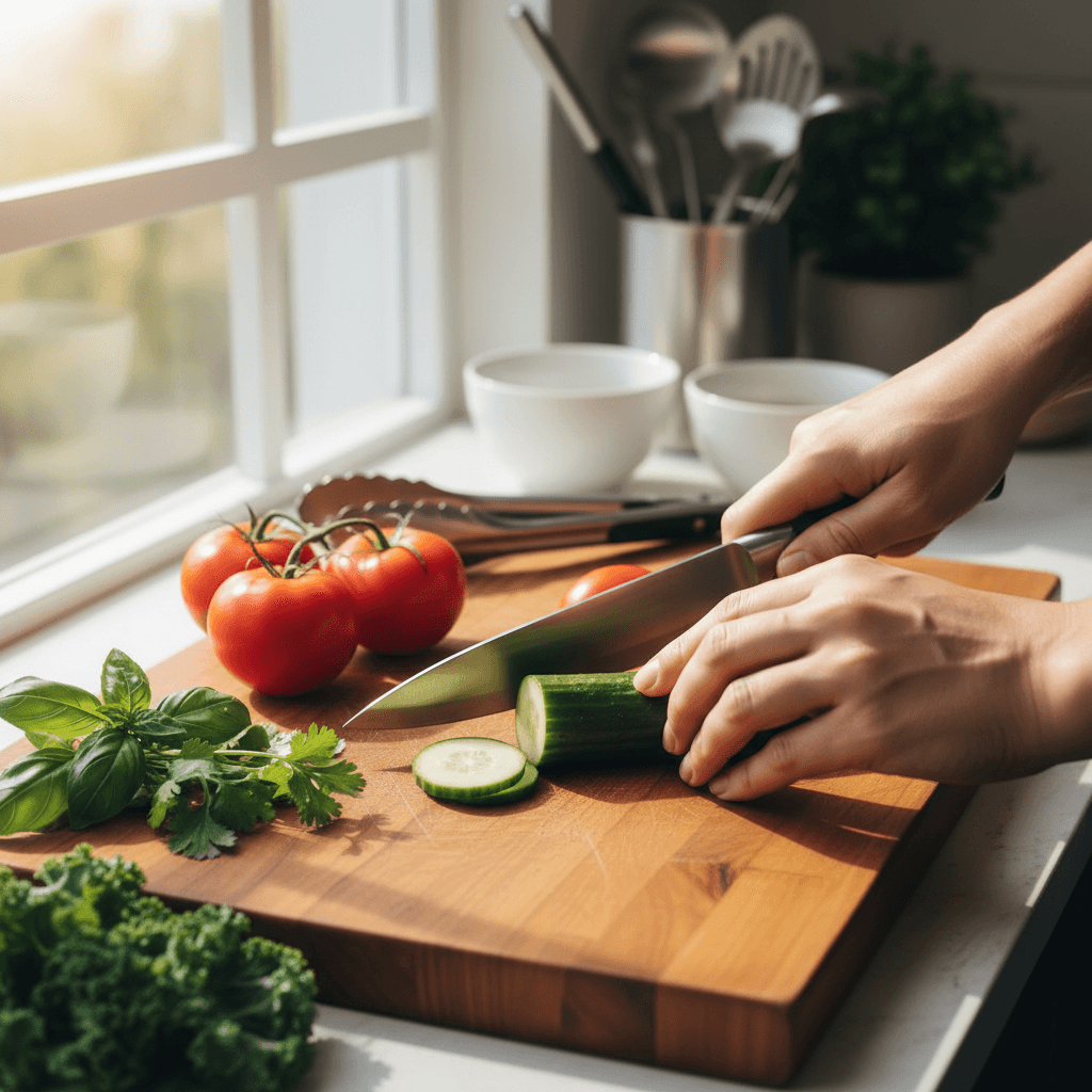 Fresh colorful vegetables and herbs arranged on a wooden table