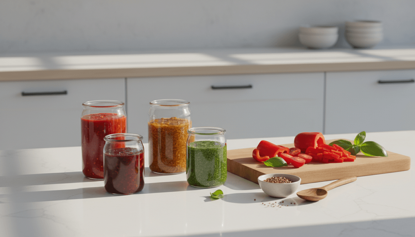 Jars of homemade vegan sauces and dressings on a kitchen counter