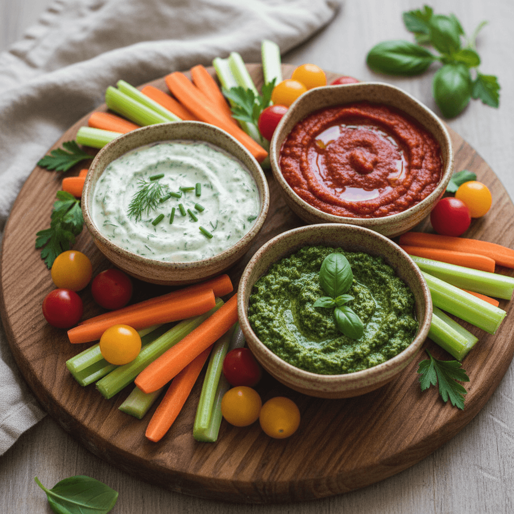 Colorful plant-based appetizer spread on a wooden table with fresh vegetables and dips