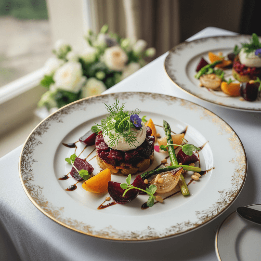 Catering staff serving plant-based appetizers to guests at an event