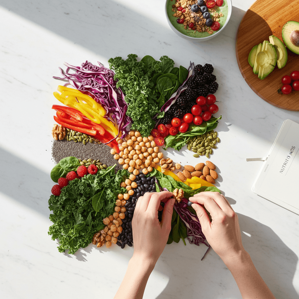 Caterer setting up a vegan food spread in a bright home kitchen