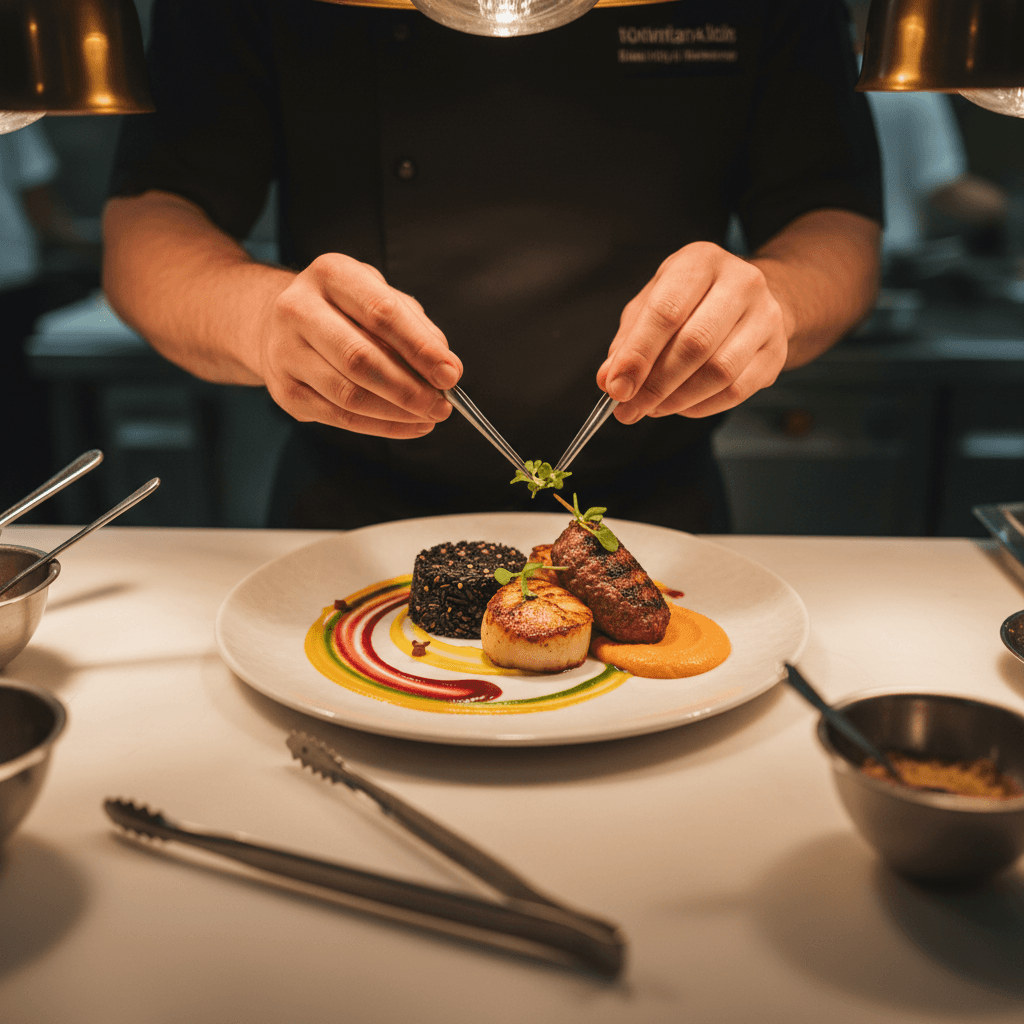 Chef plating a colorful vegan dish with precision