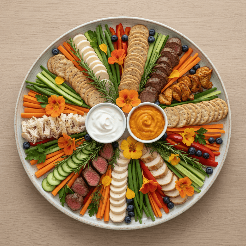 Assorted vegan appetizers on a serving platter
