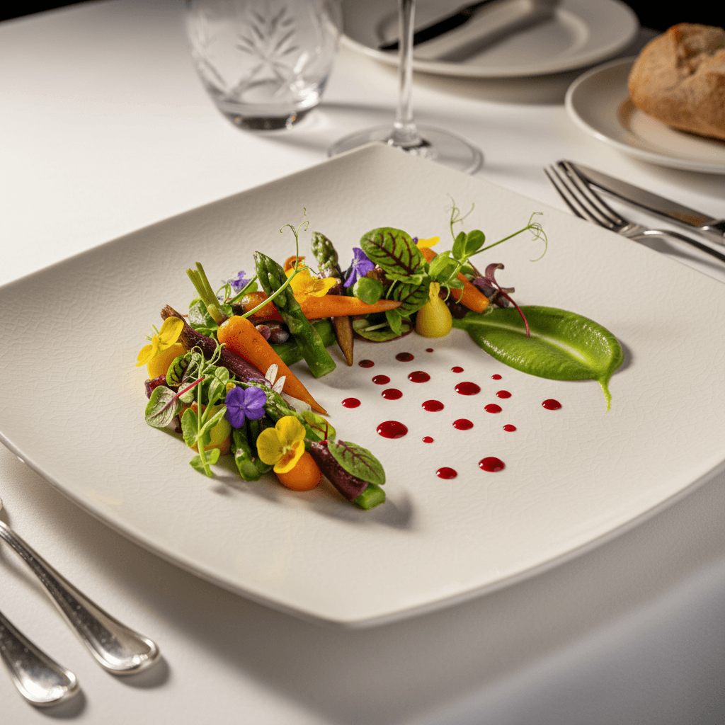 Elegant multi-course vegan tasting menu plates on a dining table