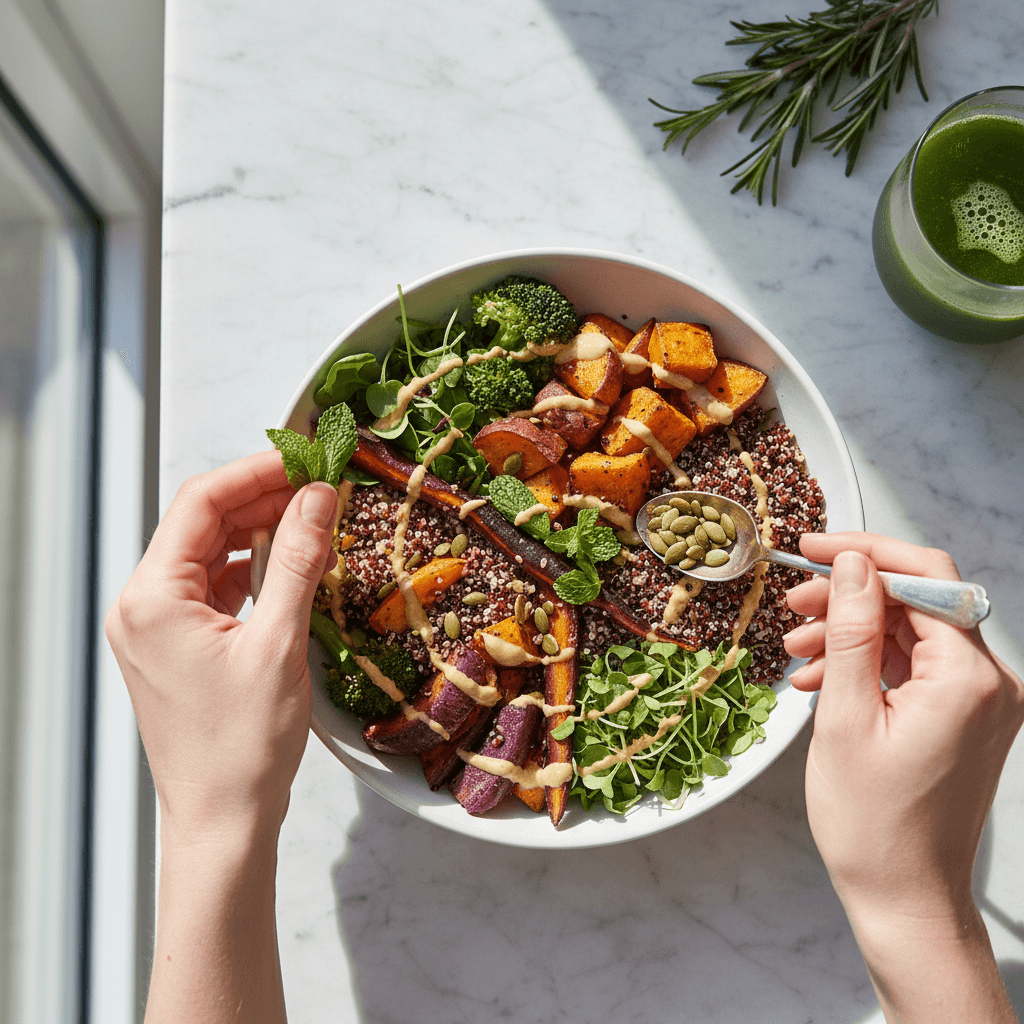 Colorful vegan grain bowl with roasted vegetables and sauce