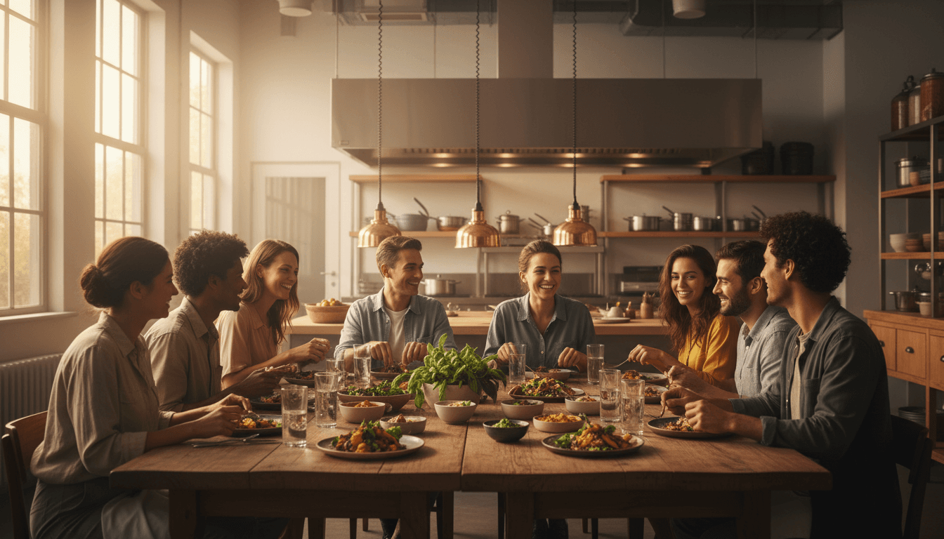 Friends enjoying a pleasant vegan meal together at a warm dinner table