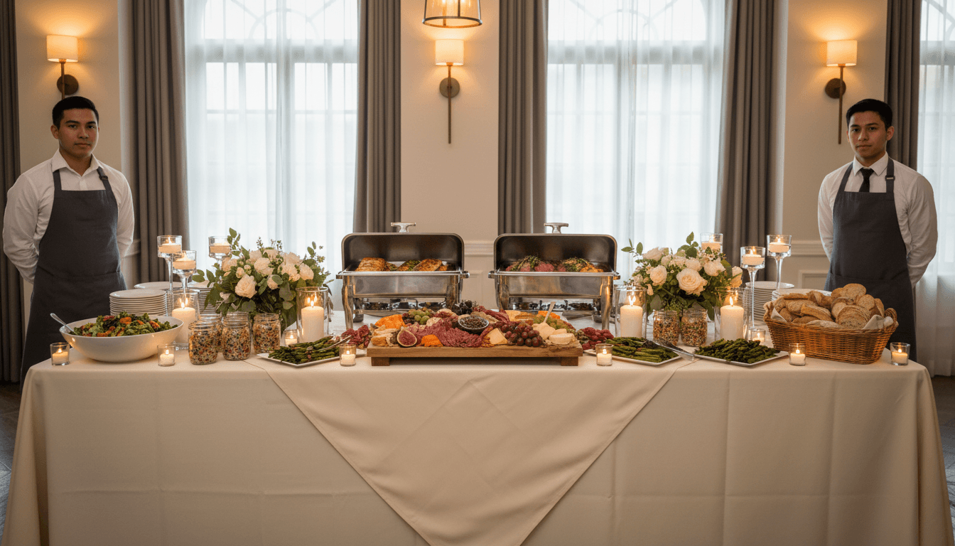 Caterer arranging fresh plant-based dishes on a buffet table