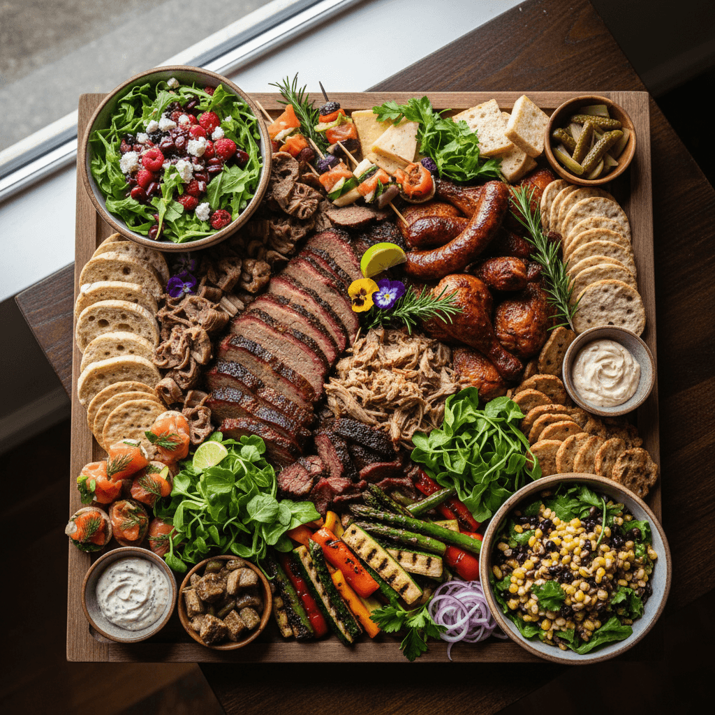Chef arranging a grazing board with fresh fruits and vegetables in a professional kitchen